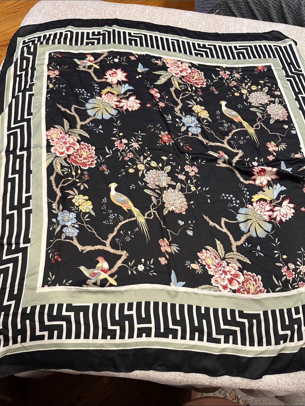Floral Bird Print Scarf in Black and Pastels